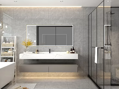 Modern Bathroom Interior With Gray Marble Walls Double Vanity White Countertop And Glass Shower Enclosure 3d model