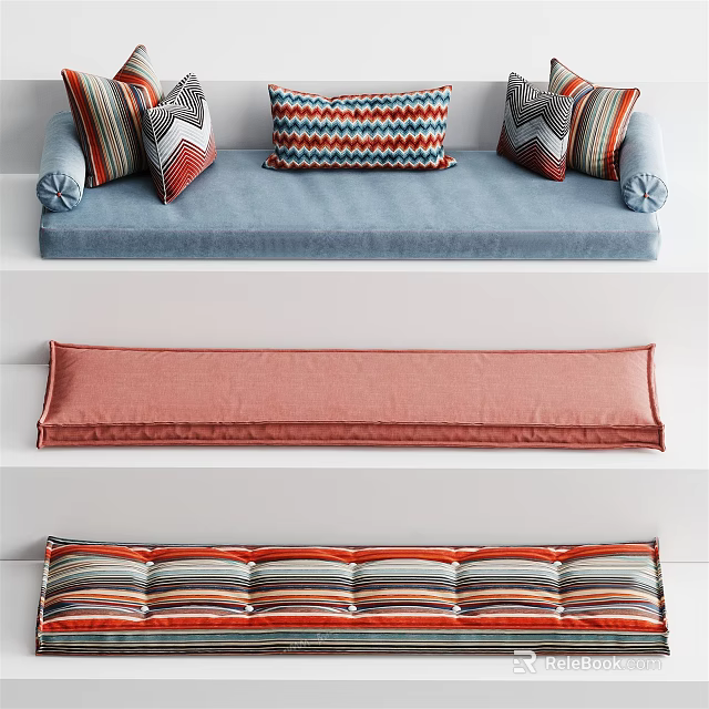 Colorful Striped Sofa Bench Interior With Blue Upholstery Red Cushion And Decorative Pillows 3d model 