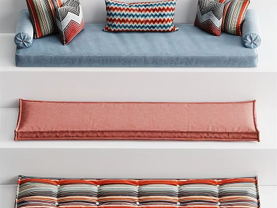 Colorful Striped Sofa Bench Interior With Blue Upholstery Red Cushion And Decorative Pillows 3d model