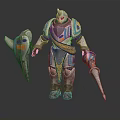 Armored Fantasy Warrior Character With Blue Purple Gold Decorations Holding Shield And Spear