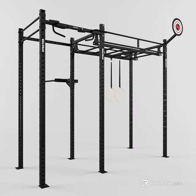 Black Multi functional Power Rack With Gymnastic Rings And Barbell Holder For Home Gym 3d model 