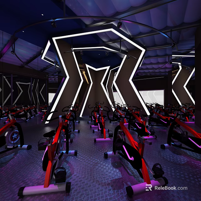Modern Indoor Fitness Workout Studio With Neon Lighting And Spin Bikes 3d model 