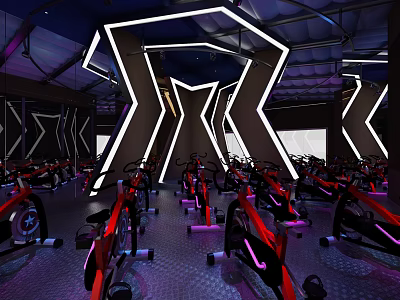 Modern Indoor Fitness Workout Studio With Neon Lighting And Spin Bikes 3d model