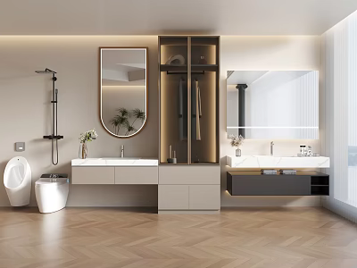 Modern Bathroom Interior Design With Double Vanity Round Mirror And Herringbone Wood Floor 3d model