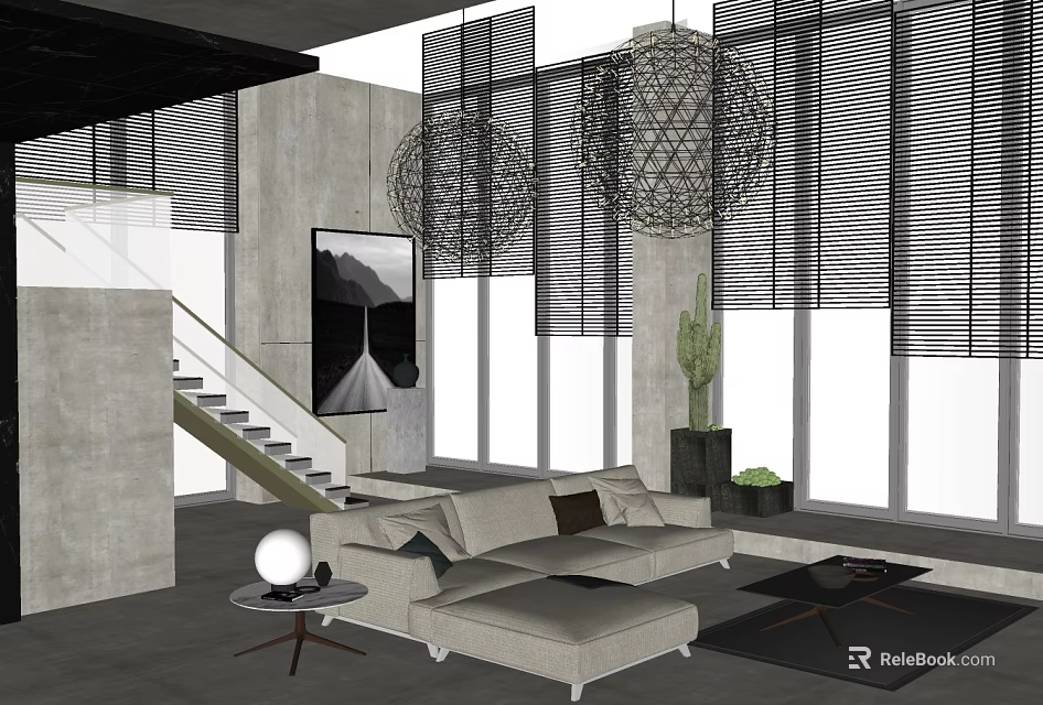 Modern Living Room Sectional Sofa with Large Windows Blinds Decorative Pendant Lights and Potted Plant 3d model 