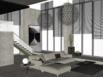 Modern Living Room Sectional Sofa with Large Windows Blinds Decorative Pendant Lights and Potted Plant 3d model