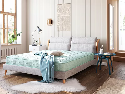 Double Bed With Light Green Mattress Gray Pillows Blue Side Table And White Fluffy Rug 3d model