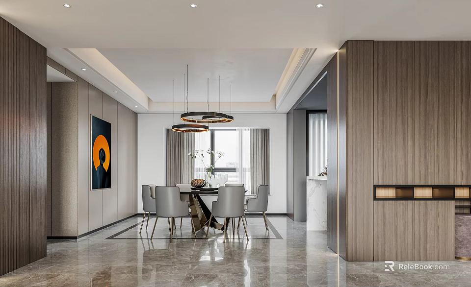 Modern Elegant Open Restaurant Interior With Dining Table Gray Chairs And Pendant Lights 3d model