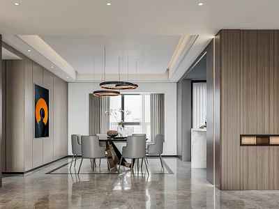 Modern Elegant Open Restaurant Interior With Dining Table Gray Chairs And Pendant Lights 3d model