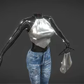 Mannequin Wearing Silver Sequin Halter Top And Blue Distressed Jeans With Transparent Handbag