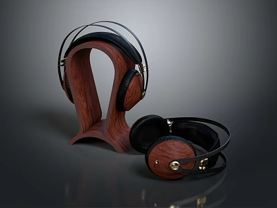 Premium Over Ear Headphones With Natural Wooden Stand And Electronic Design 3d model