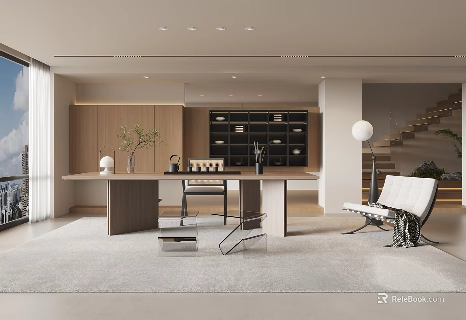 Modern Tea Room Interior Design With Wooden Table And Tea Sets 3d model