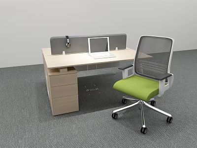 Modern Office Desk with Light Wooden Top Drawers Laptop Privacy Screen and Green Mesh Chair 3d model