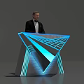 Modern Geometric Reception Desk With Blue LED Lights And Professional Receptionist