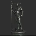 Elegant Fantasy Antlered Mythical Character Sculpture Holding Spear With Small Animal Companion