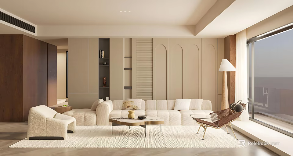 Modern Elegant Living Room Interior With Plush Sofa Coffee Table And Soft Rug 3d model 