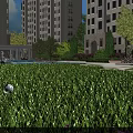 Modern Residential Garden Landscape with Green Lawn Trees and Flower Bushes Near High Rise Buildings