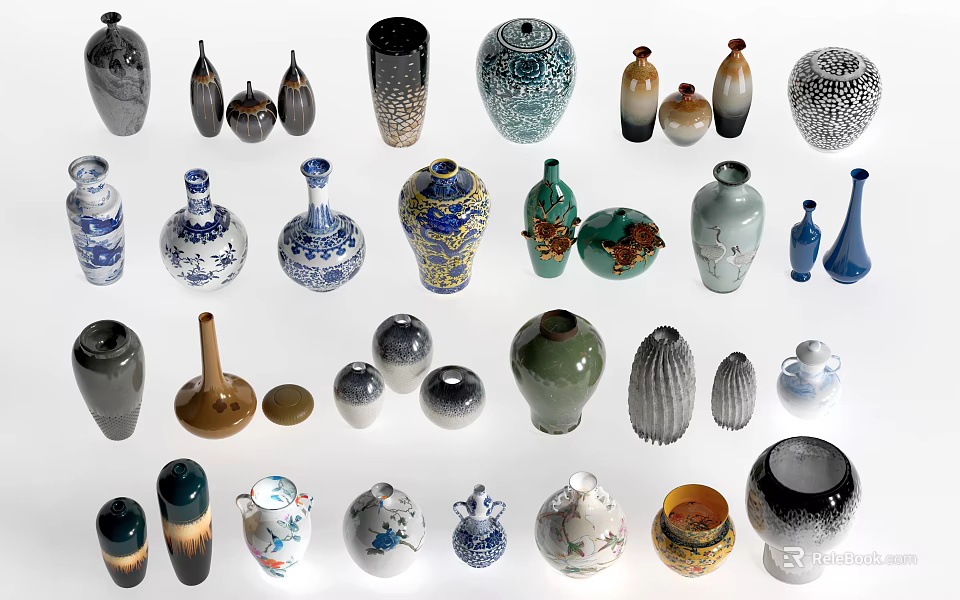 Assorted Ceramic Vessels Featuring Diverse Shapes Colorful Designs And Intricate Patterns 3d model 