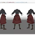 Vintage Steampunk Outfit with Buttoned Dark Top Ruffled Red Skirt Brown Boots and Belt