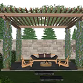 Courtyard Garden Featuring Wooden Pergola Climbing Plants Sofa Chairs Stone Wall And Lush Greenery