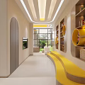 Modern Kindergarten Corridor Design with Yellow Benches Bookshelves Toys and Bright Windows