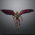 Mythical Armored Warrior And Winged Creature With Red Gold Armor Vibrant Wings And Weapon