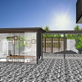 Modern Sales Office Building With Green Roof Black Exterior Near Water Parking Lot Yellow Cars