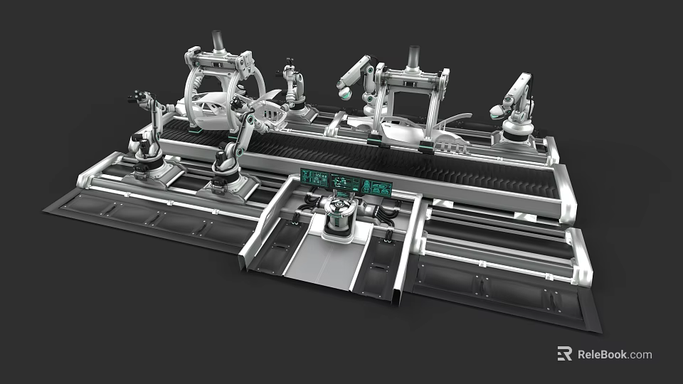High Tech Industrial Factory With Robotic Arms On Automated Production Line 3d model 