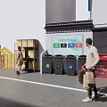 Outdoor Display Shelves With Trash Sorting Bins And Person Near Building