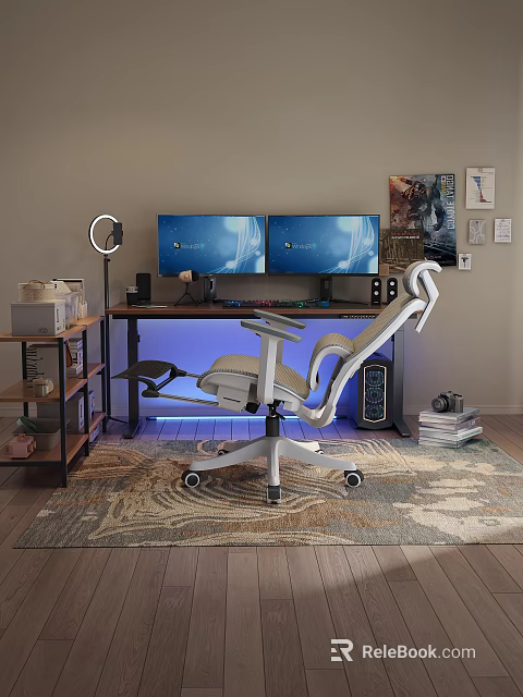 Ergonomic Office Chair In Modern Workspace With Dual Monitors Computer Desk And Ring Light 3d model 