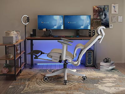 Ergonomic Office Chair In Modern Workspace With Dual Monitors Computer Desk And Ring Light 3d model