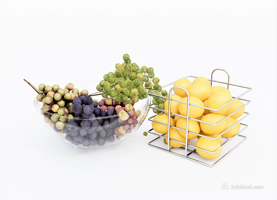 Fresh Grapes in Glass Bowl and Yellow Lemons in Metal Basket 3d model 
