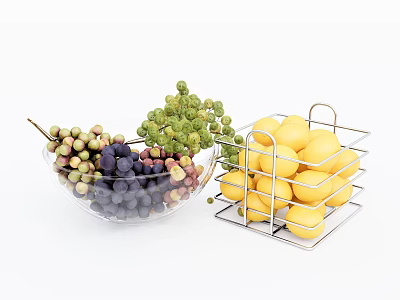 Fresh Grapes in Glass Bowl and Yellow Lemons in Metal Basket 3d model