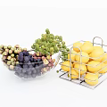 Fresh Grapes in Glass Bowl and Yellow Lemons in Metal Basket