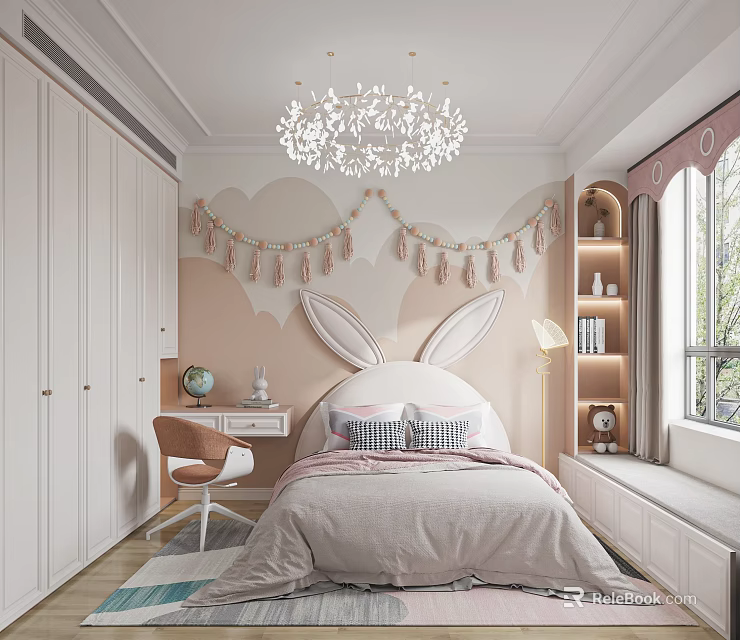Cozy Kids Bedroom Design With Rabbit Ear Headboard And Chandelier 3d model 