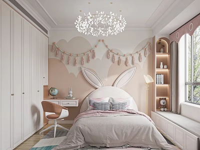 Cozy Kids Bedroom Design With Rabbit Ear Headboard And Chandelier 3d model