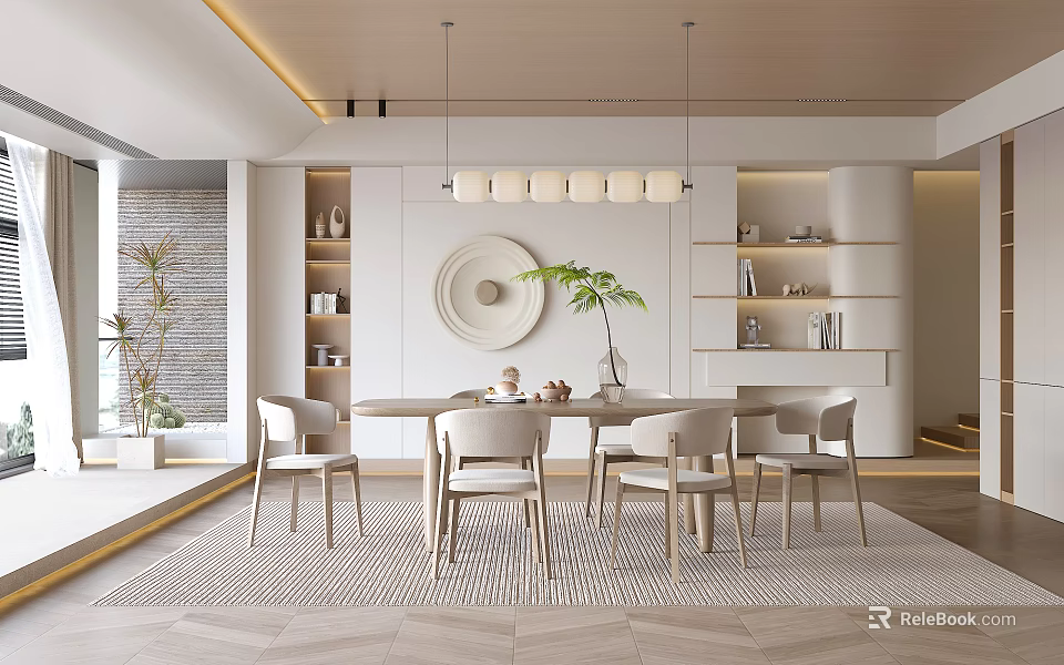 Modern Restaurant Interior With Round Dining Table Light-colored Chairs Hanging Lights And Circular Decor 3d model