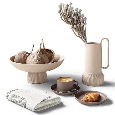 Beige Decorative Accessories Set With Bowl Vase Dried Flowers Coffee Cup And Croissant 3d model
