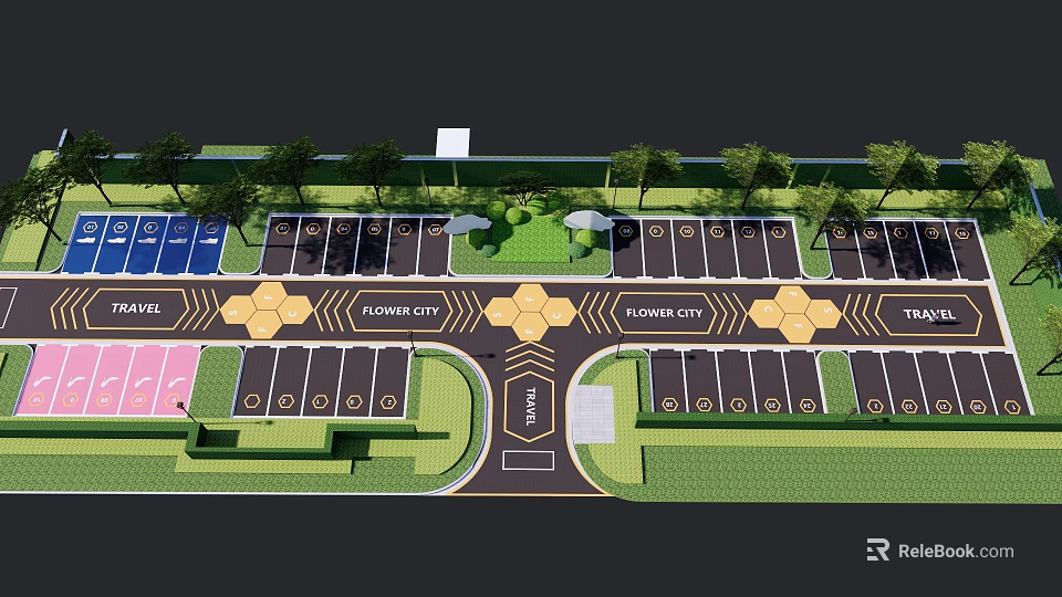 Eco friendly Parking Lot With Multi level Layout Lush Greenery And Hexagonal Patterns 3d model 