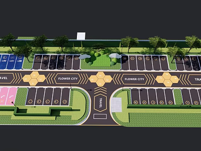 Eco friendly Parking Lot With Multi level Layout Lush Greenery And Hexagonal Patterns 3d model