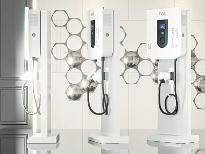 Modern Public Electric Vehicle Charging Stations With Digital Displays And Charging Cables 3d model