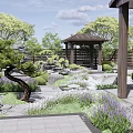 Modern Courtyard Garden With Wooden Pergola Stone Pathway Pruned Trees And Green Shrubs