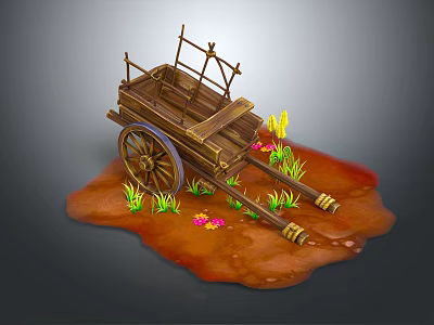 Vintage Wooden Cart With Wheels On Muddy Ground Surrounded By Flowers And Grass 3d model