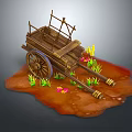 Vintage Wooden Cart With Wheels On Muddy Ground Surrounded By Flowers And Grass