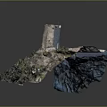 Ancient Stone Tower and Walls on Rocky Hill with Green Vegetation and Rocks