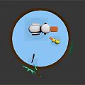 Charming Wooden Pond With Blue Water Large White Duck Small Yellow Duck Reeds And Grass