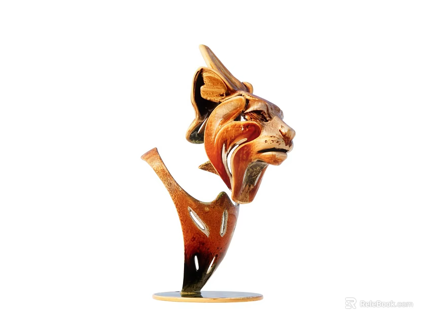 Artistic Wooden Lion Head Sculpture with Detailed Carving and Stable Base 3d model 