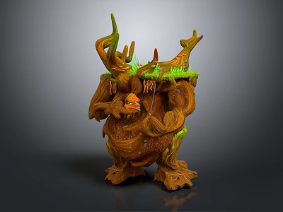Nature Inspired Wooden Creature Character With Green Moss Orange Accents Horn Protrusions And Rooted Base 3d model