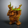 Nature Inspired Wooden Creature Character With Green Moss Orange Accents Horn Protrusions And Rooted Base