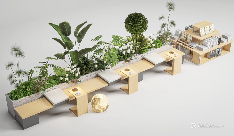 Elegant Booth Sofas Arrangement With Lush Green Plants And Wooden Side Tables 3d model 